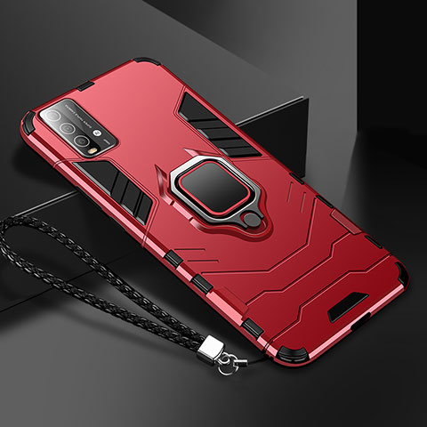 Coque Contour Silicone et Plastique Housse Etui Mat avec Magnetique Support Bague Anneau R01 pour Xiaomi Redmi 9T 4G Rouge