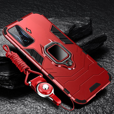 Coque Contour Silicone et Plastique Housse Etui Mat avec Magnetique Support Bague Anneau R01 pour Xiaomi Redmi K50 Gaming 5G Rouge