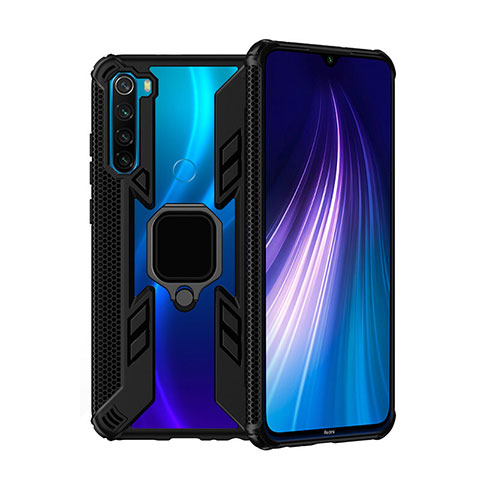 Coque Contour Silicone et Plastique Housse Etui Mat avec Magnetique Support Bague Anneau R01 pour Xiaomi Redmi Note 8 (2021) Noir