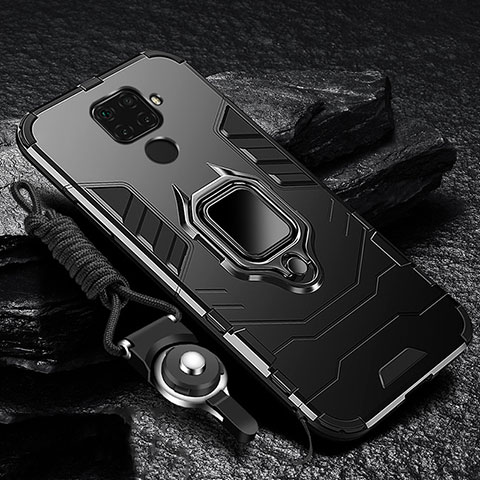 Coque Contour Silicone et Plastique Housse Etui Mat avec Magnetique Support Bague Anneau R01 pour Xiaomi Redmi Note 9 Noir