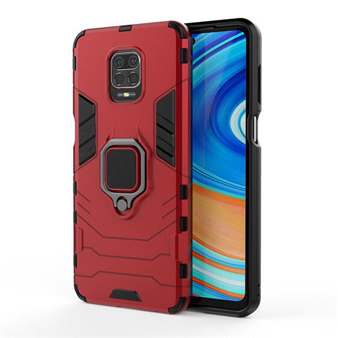 Coque Contour Silicone et Plastique Housse Etui Mat avec Magnetique Support Bague Anneau R01 pour Xiaomi Redmi Note 9 Pro Max Rouge