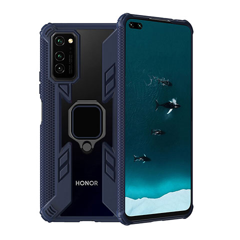 Coque Contour Silicone et Plastique Housse Etui Mat avec Magnetique Support Bague Anneau R02 pour Huawei Honor V30 5G Bleu