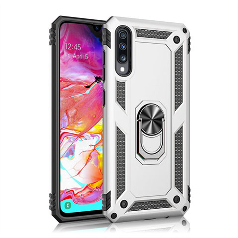 Coque Contour Silicone et Plastique Housse Etui Mat avec Magnetique Support Bague Anneau R02 pour Samsung Galaxy A70 Argent