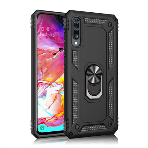 Coque Contour Silicone et Plastique Housse Etui Mat avec Magnetique Support Bague Anneau R02 pour Samsung Galaxy A70 Noir