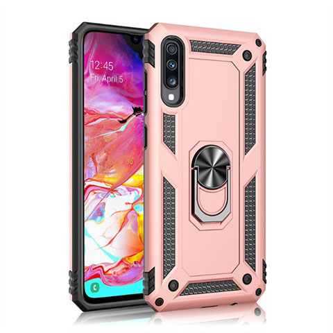 Coque Contour Silicone et Plastique Housse Etui Mat avec Magnetique Support Bague Anneau R02 pour Samsung Galaxy A70S Or Rose