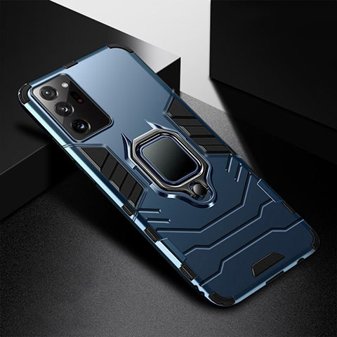 Coque Contour Silicone et Plastique Housse Etui Mat avec Magnetique Support Bague Anneau R02 pour Samsung Galaxy Note 20 Ultra 5G Bleu