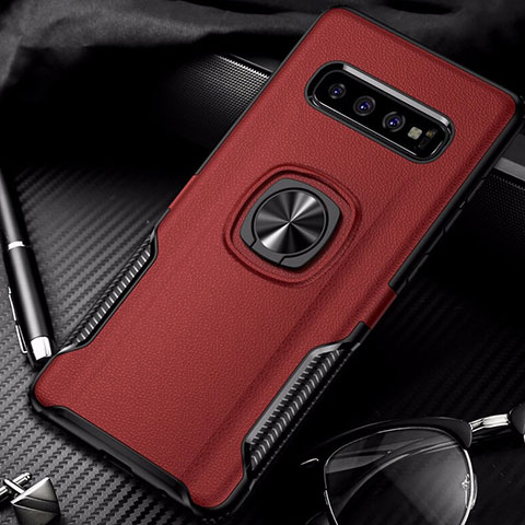 Coque Contour Silicone et Plastique Housse Etui Mat avec Magnetique Support Bague Anneau R02 pour Samsung Galaxy S10 Rouge