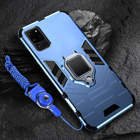 Coque Contour Silicone et Plastique Housse Etui Mat avec Magnetique Support Bague Anneau R02 pour Samsung Galaxy S20 Ultra Bleu