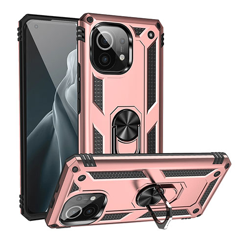 Coque Contour Silicone et Plastique Housse Etui Mat avec Magnetique Support Bague Anneau R02 pour Xiaomi Mi 11 5G Or Rose