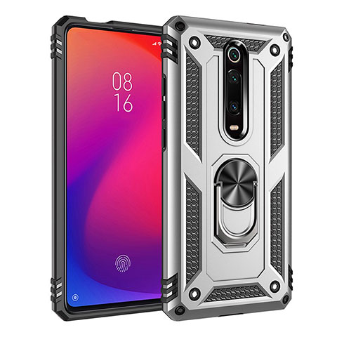 Coque Contour Silicone et Plastique Housse Etui Mat avec Magnetique Support Bague Anneau R02 pour Xiaomi Mi 9T Argent