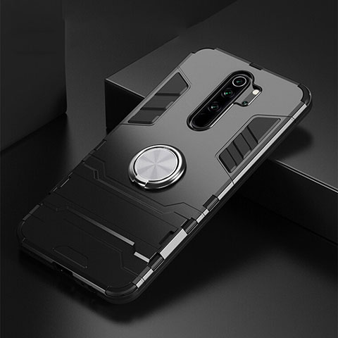 Coque Contour Silicone et Plastique Housse Etui Mat avec Magnetique Support Bague Anneau R02 pour Xiaomi Redmi Note 8 Pro Noir