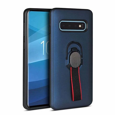 Coque Contour Silicone et Plastique Housse Etui Mat avec Magnetique Support Bague Anneau R03 pour Samsung Galaxy S10 Bleu