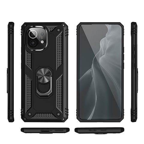 Coque Contour Silicone et Plastique Housse Etui Mat avec Magnetique Support Bague Anneau R03 pour Xiaomi Mi 11 5G Noir