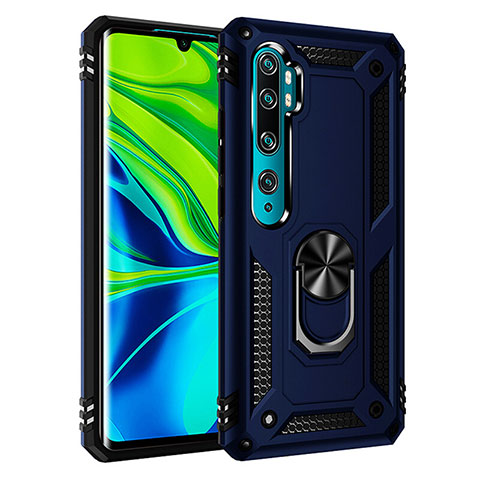 Coque Contour Silicone et Plastique Housse Etui Mat avec Magnetique Support Bague Anneau R03 pour Xiaomi Mi Note 10 Pro Bleu