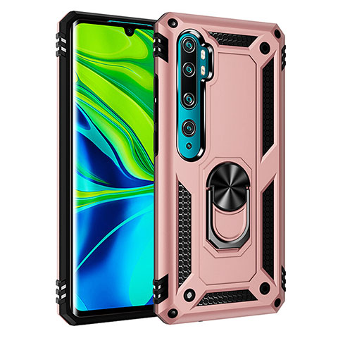 Coque Contour Silicone et Plastique Housse Etui Mat avec Magnetique Support Bague Anneau R03 pour Xiaomi Mi Note 10 Pro Or Rose