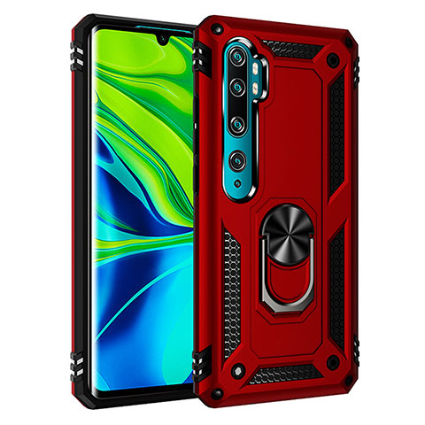 Coque Contour Silicone et Plastique Housse Etui Mat avec Magnetique Support Bague Anneau R03 pour Xiaomi Mi Note 10 Pro Rouge