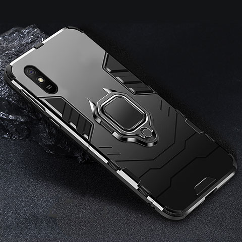 Coque Contour Silicone et Plastique Housse Etui Mat avec Magnetique Support Bague Anneau R03 pour Xiaomi Redmi 9i Noir