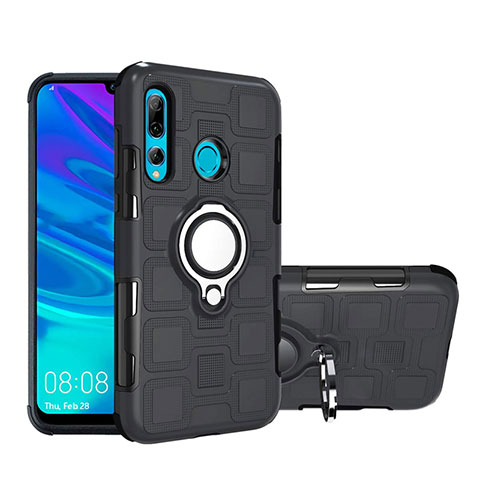 Coque Contour Silicone et Plastique Housse Etui Mat avec Magnetique Support Bague Anneau R04 pour Huawei Honor 20 Lite Noir