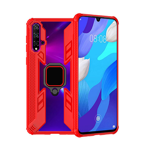 Coque Contour Silicone et Plastique Housse Etui Mat avec Magnetique Support Bague Anneau R04 pour Huawei Nova 5 Rouge