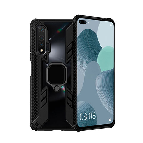 Coque Contour Silicone et Plastique Housse Etui Mat avec Magnetique Support Bague Anneau R04 pour Huawei Nova 6 5G Noir