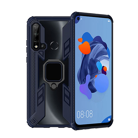 Coque Contour Silicone et Plastique Housse Etui Mat avec Magnetique Support Bague Anneau R04 pour Huawei P20 Lite (2019) Bleu