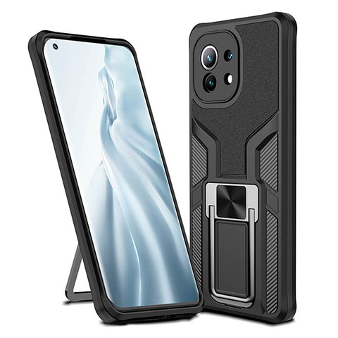 Coque Contour Silicone et Plastique Housse Etui Mat avec Magnetique Support Bague Anneau R04 pour Xiaomi Mi 11 Lite 5G Noir