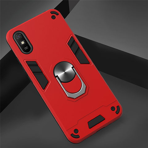 Coque Contour Silicone et Plastique Housse Etui Mat avec Magnetique Support Bague Anneau R04 pour Xiaomi Redmi 9i Rouge