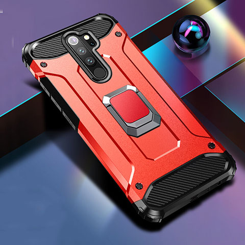 Coque Contour Silicone et Plastique Housse Etui Mat avec Magnetique Support Bague Anneau R04 pour Xiaomi Redmi Note 8 Pro Rouge