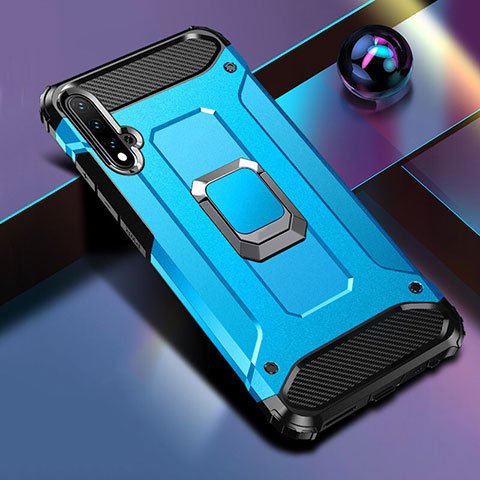 Coque Contour Silicone et Plastique Housse Etui Mat avec Magnetique Support Bague Anneau R05 pour Huawei Nova 5 Bleu Ciel