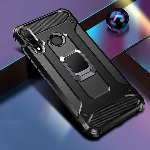 Coque Contour Silicone et Plastique Housse Etui Mat avec Magnetique Support Bague Anneau R05 pour Huawei Nova 5i Noir