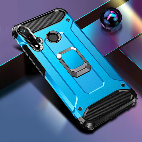 Coque Contour Silicone et Plastique Housse Etui Mat avec Magnetique Support Bague Anneau R05 pour Huawei P20 Lite (2019) Bleu Ciel