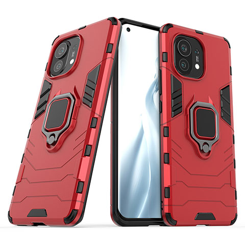 Coque Contour Silicone et Plastique Housse Etui Mat avec Magnetique Support Bague Anneau R05 pour Xiaomi Mi 11 5G Rouge