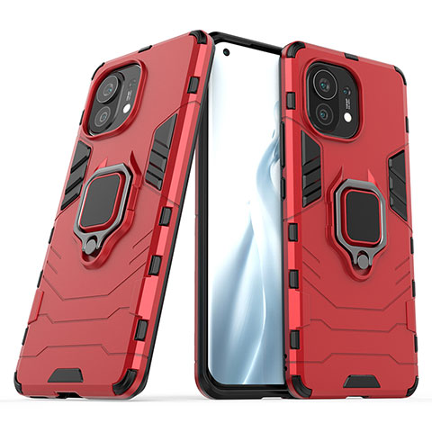 Coque Contour Silicone et Plastique Housse Etui Mat avec Magnetique Support Bague Anneau R05 pour Xiaomi Mi 11 Lite 5G NE Rouge