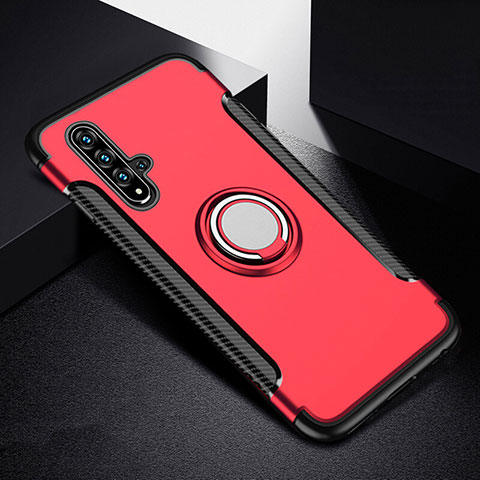 Coque Contour Silicone et Plastique Housse Etui Mat avec Magnetique Support Bague Anneau R06 pour Huawei Nova 5 Rouge