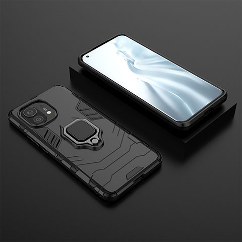 Coque Contour Silicone et Plastique Housse Etui Mat avec Magnetique Support Bague Anneau R07 pour Xiaomi Mi 11 5G Noir