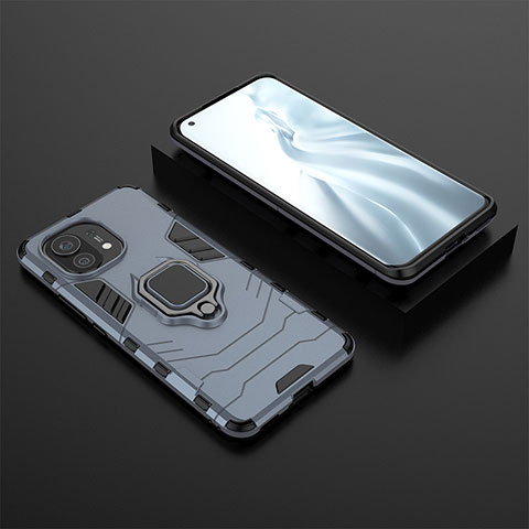 Coque Contour Silicone et Plastique Housse Etui Mat avec Magnetique Support Bague Anneau R07 pour Xiaomi Mi 11 Lite 4G Bleu