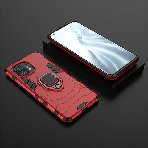 Coque Contour Silicone et Plastique Housse Etui Mat avec Magnetique Support Bague Anneau R07 pour Xiaomi Mi 11 Lite 4G Rouge