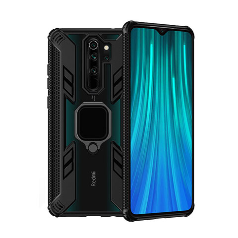 Coque Contour Silicone et Plastique Housse Etui Mat avec Magnetique Support Bague Anneau R09 pour Xiaomi Redmi Note 8 Pro Noir