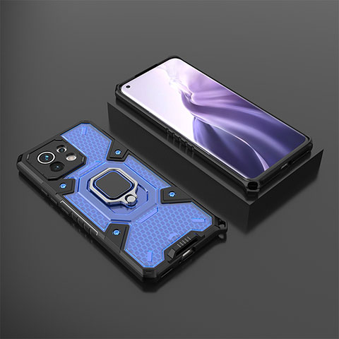 Coque Contour Silicone et Plastique Housse Etui Mat avec Magnetique Support Bague Anneau R11 pour Xiaomi Mi 11 5G Bleu