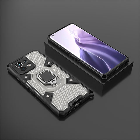 Coque Contour Silicone et Plastique Housse Etui Mat avec Magnetique Support Bague Anneau R11 pour Xiaomi Mi 11 5G Gris