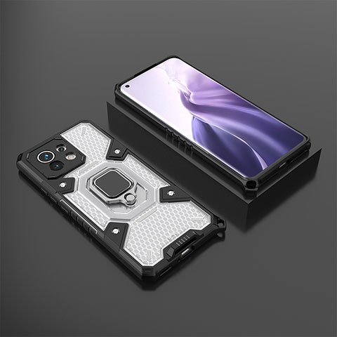 Coque Contour Silicone et Plastique Housse Etui Mat avec Magnetique Support Bague Anneau R11 pour Xiaomi Mi 11 Lite 4G Blanc