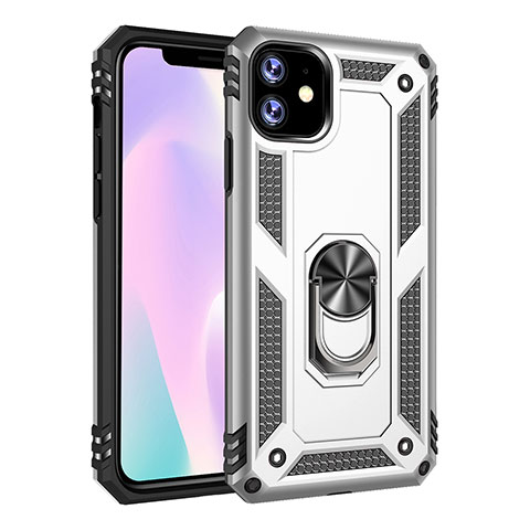 Coque Contour Silicone et Plastique Housse Etui Mat avec Magnetique Support Bague Anneau S01 pour Apple iPhone 11 Argent