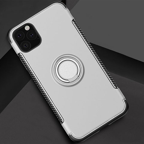 Coque Contour Silicone et Plastique Housse Etui Mat avec Magnetique Support Bague Anneau S01 pour Apple iPhone 11 Pro Argent