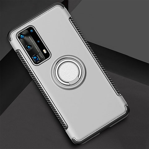 Coque Contour Silicone et Plastique Housse Etui Mat avec Magnetique Support Bague Anneau S01 pour Huawei P40 Pro+ Plus Argent