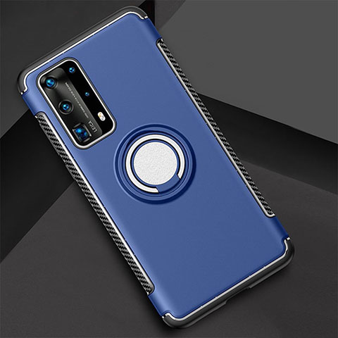 Coque Contour Silicone et Plastique Housse Etui Mat avec Magnetique Support Bague Anneau S01 pour Huawei P40 Pro+ Plus Bleu