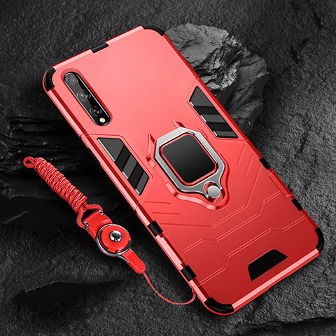 Coque Contour Silicone et Plastique Housse Etui Mat avec Magnetique Support Bague Anneau S01 pour Huawei Y8p Rouge