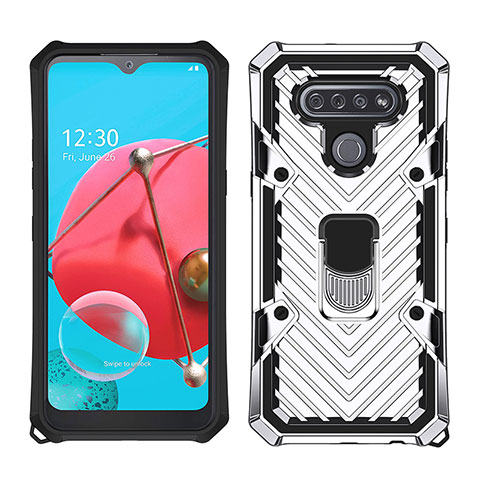 Coque Contour Silicone et Plastique Housse Etui Mat avec Magnetique Support Bague Anneau S01 pour LG K51 Argent