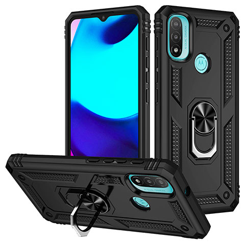 Coque Contour Silicone et Plastique Housse Etui Mat avec Magnetique Support Bague Anneau S01 pour Motorola Moto E20 Noir