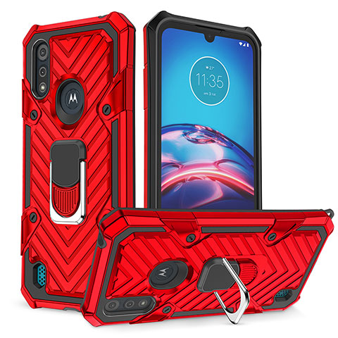 Coque Contour Silicone et Plastique Housse Etui Mat avec Magnetique Support Bague Anneau S01 pour Motorola Moto E6s (2020) Rouge