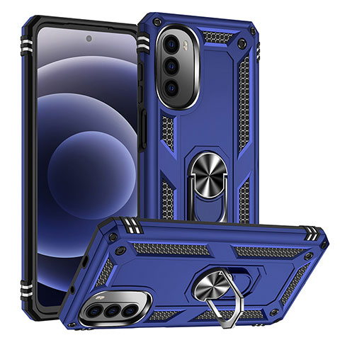 Coque Contour Silicone et Plastique Housse Etui Mat avec Magnetique Support Bague Anneau S01 pour Motorola Moto Edge (2022) 5G Bleu